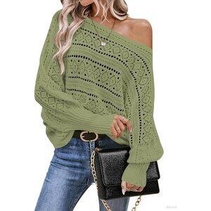 Women’s Green Off Shoulder Batwing Crochet Sweater Top, Fall Trendy